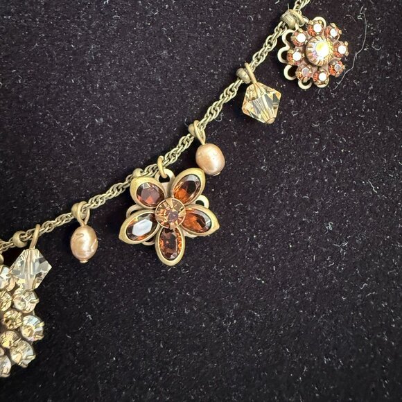 Liz Palacios SF Swarovski Crystal Antique Gold Tone Floral Necklace Brown Amber - Picture 4 of 10